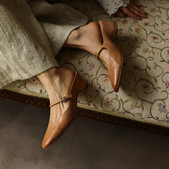 Women's Washed Full Grain Leather Mary Jane Mules, Low Heel Square Toe Slide Sandals