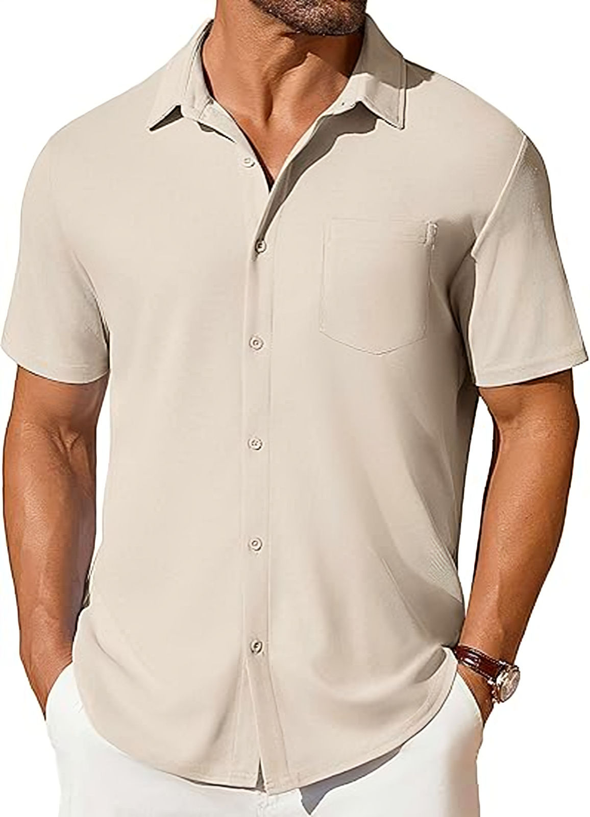 Mens Short-sleeve Button-up Wrinkle- And Crease-resistant Shirt