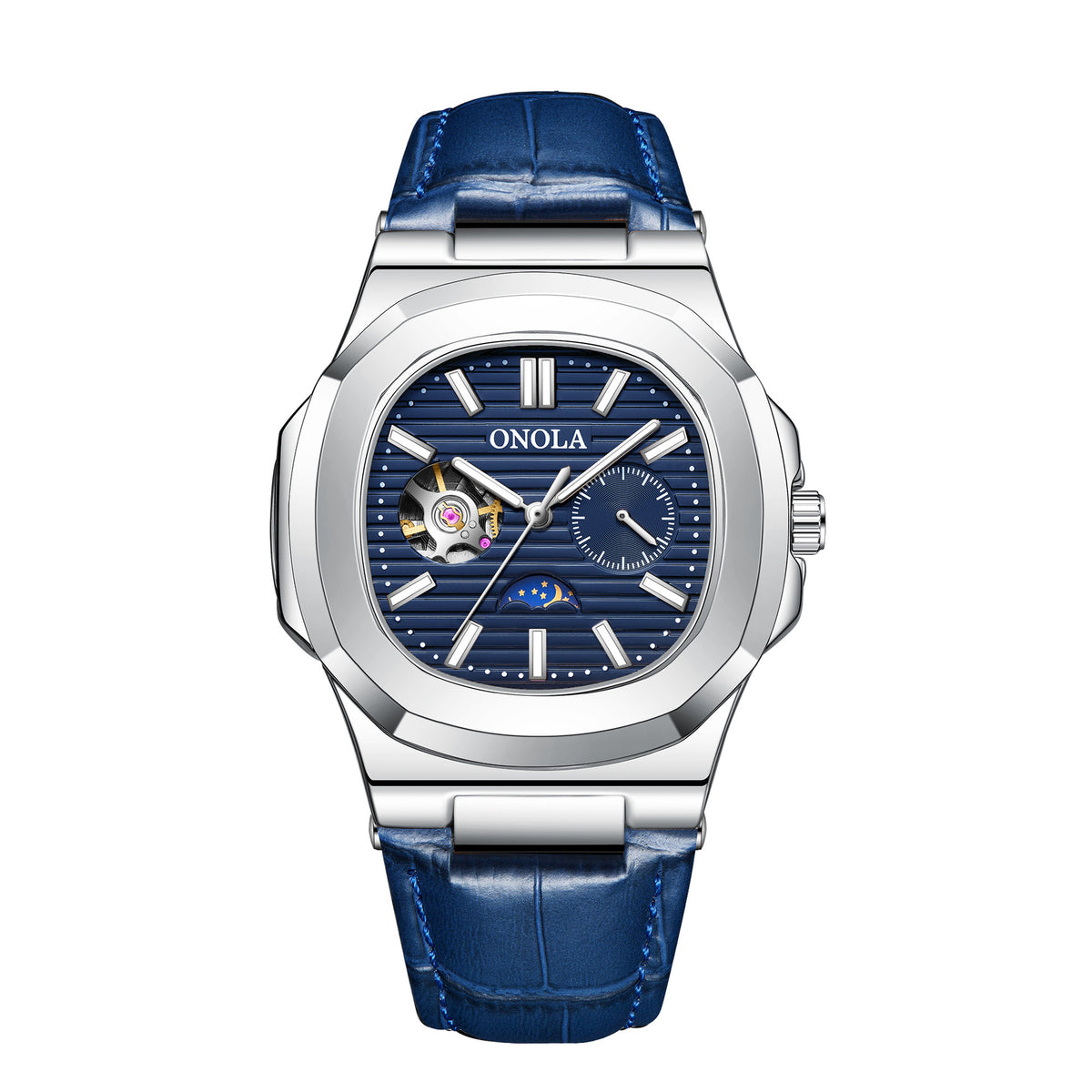 Hochwertige mechanische Uhr mit Sonnen-, Mond- und Sternenmotiv, wasserdichtem Lederarmband