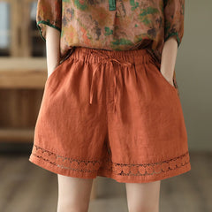 Thin Elastic-Waist Lace-up Hollowed-Out Casual Cotton-Linen Straight Pants
