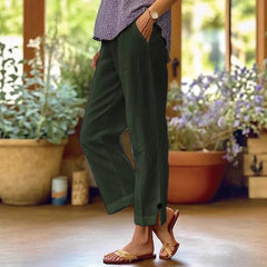 Cotton And Linen Loose Pure Color Elastic Waist Pocket Straight Casual Pants
