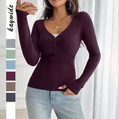 Women's Solid Color Long-Sleeve Bottoming T-Shirt With Buttons