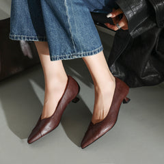 Women's Washed Full-Grain Cowhide Kitten Heel Pumps, Pointed Toe Handcrafted Leather Dress Shoes