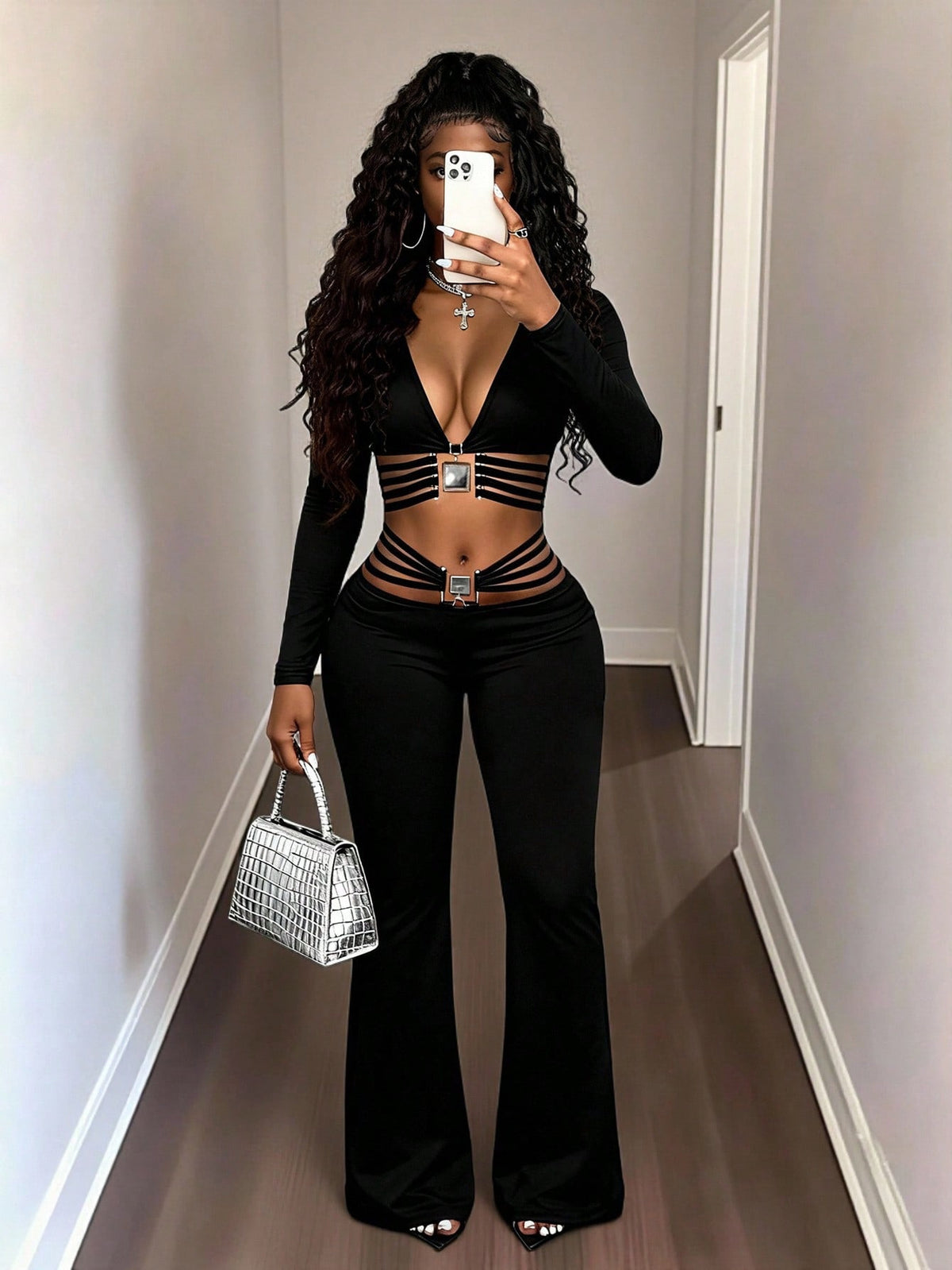 Black High-waist Flared Pants With Tummy-control And Butt-lifting Features