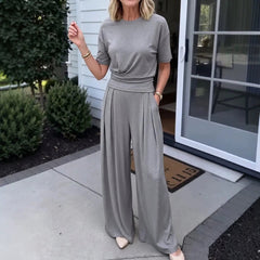 Womens Loose Crew-Neck T-Shirt And Wide-Leg Pants Two-Piece Set