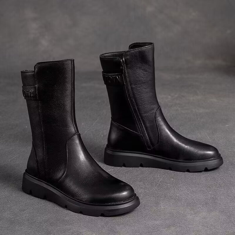 Round-toe Solid-color High-top Mid-calf Short Boots With Side Zipper