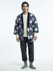 Men's Haori Style Autumn Winter Quilted Jacket Japanese Kimono Coat, Striped Loungewear, Indoor Wear. Lightweight Thermal Japanese Style Cotton Coat