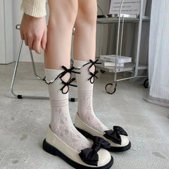 Lolita JK Hollow Socks For Women, Sweet Mid-Calf Socks With Double Lace & Bows, Thin Style For Spring And Summer