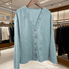 Women's V-Neck Linen Loose-Fit Long-Sleeve Shirt