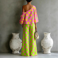 Womens Colorful Polka-Dot Off-Shoulder Flowy Two-Piece Pants Set