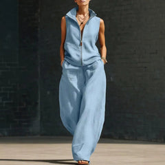 Sleeveless Stand Collar Zippered Linen Cotton Two-Piece Set