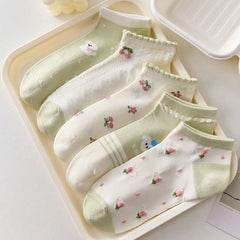 Cute Tulip & Cherry Print Ankle Socks, Coquette Green Ruffle Trim Socks, Women's Sweet Floral Knit Socks For Daily Wear & Preppy Style