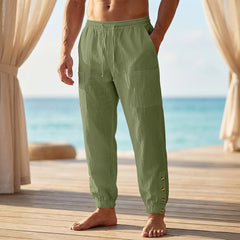 Casual Loose-fit Men's Linen Shorts With Buttoned Cuffs