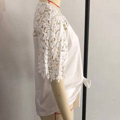 V-Neck Commuter Sexy Lace Hollow-Out Solid Color Three-Quarter Sleeve Chiffon Blouse