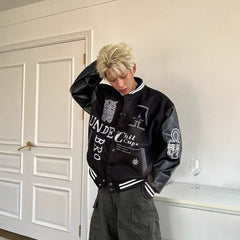 American-style Letter-embroidered Color-block Baseball Jacket For Men
