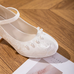 White And Beige Jacquard Mary Jane Style Women's Shoes With Thick Soles And Pearl Bow Straps, Waterproof Platform High Heels, Elegant And Versatile Wedding Shoes, Bridesmaid Shoes, Formal High Heels F