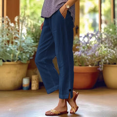 Cotton And Linen Loose Pure Color Elastic Waist Pocket Straight Casual Pants
