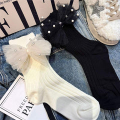Coquette Tulle Bow Crew Socks With Pearl Accents, Ribbed Knit Sweet Socks For Balletcore & Preppy Style