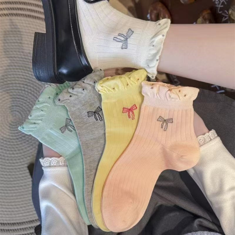 Coquette Bow Embroidered Ruffle Cuff Ankle Socks, Pastel Color Cute Knit Socks, Women's Sweet Low-Cut Socks For Mary Janes & Preppy Style