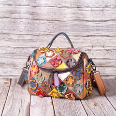 Full-grain Leather Handmade Floral Contrast-color Patchwork Tote Shoulder Bag