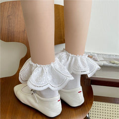 Women's Coquette Black Socks With Oversized White Embroidery Lace Cuff, Frilly Eyelet Trim Ankle Socks For Mary Jane Shoes & Balletcore