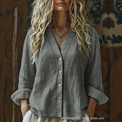 Women's V-Neck Linen Loose-Fit Long-Sleeve Shirt