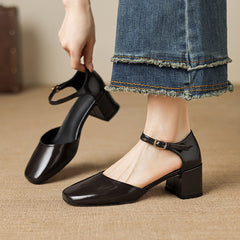 Women's Full-Grain Cowhide Mary Jane Block Heel Sandals, Handmade Leather Square Toe Heels