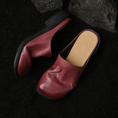 Women's Washed Full Grain Leather Mule Slides, Retro Round Toe Backless Closed-Toe Shoes