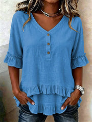 Women's Retro V-neck Ruffled Loose Cotton And Linen Short Sleeves