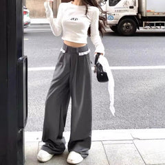 Lace-trimmed Casual Draping Straight-leg Floor-length Wide-leg Pants