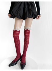 Coquette Red Sheer Lace Knee High Socks With Beige Ruffle Trim, Hollow-Out Slouchy Knit Socks, Sweet Balletcore Socks For Mary Jane Shoes & Lolita Style