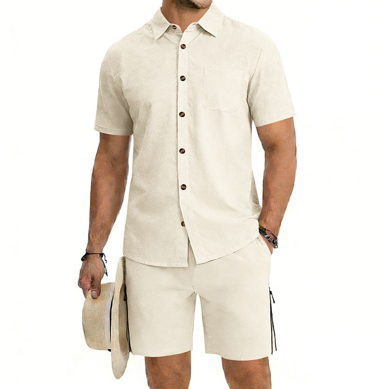 Mens Short-Sleeve Button-Down Shirt Drawstring Shorts Two-Piece Set