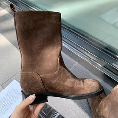 Genuine Leather Mid-calf Vintage Straight-leg Riding Single-layer Boots