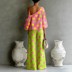 Womens Colorful Polka-Dot Off-Shoulder Flowy Two-Piece Pants Set