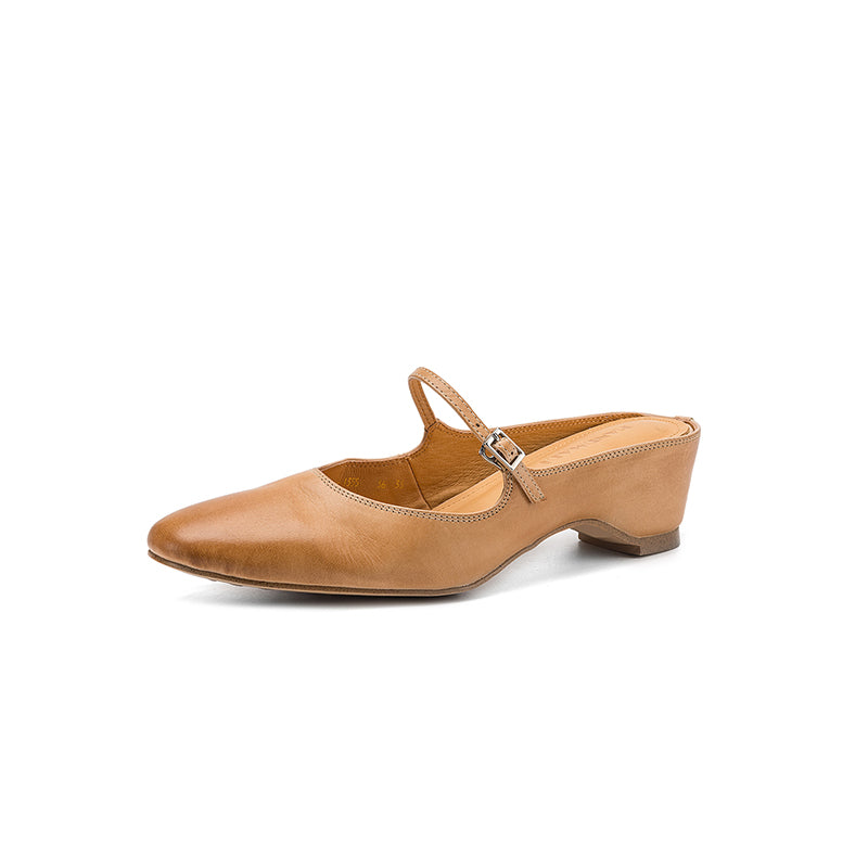 Women's Washed Full Grain Leather Mary Jane Mules, Low Heel Square Toe Slide Sandals