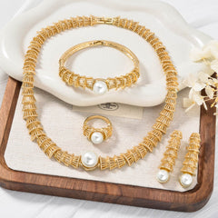 Vintage Jewelry Gold Hollow-Out Pearl Jewelry Four-Piece Set