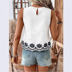 Elegant Embroidered Sleeveless Top With Fan-Shaped Lace
