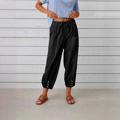 Buttoned Two-tone Linen Cropped Harem Pants