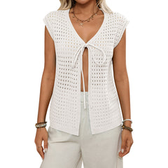 Womens Hollow-Out Sweater Short-Sleeve Knitted Cardigan