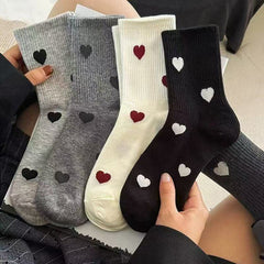 Minimalist Heart Print Ribbed Crew Socks, Neutral Tone Cute Heart Pattern Mid-Calf Socks, Women's Casual Cozy Socks For Daily Wear & Streetwear
