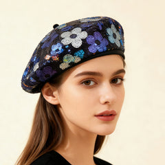 European And American Trendy Fashion Small Sequin Flower Beret, A Versatile Style That Suits All Occasions. A Painter's Hat, Perfect For Outdoor Photography.