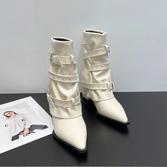 High-heeled Elegant Shaft-style Studded Belt-buckle Fashion Ankle Boots