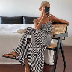 Fashionable Short-Sleeve Tank Top Backless Striped Slip Dress