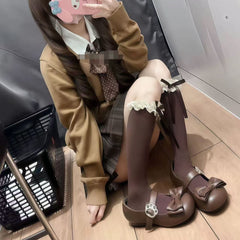 Women's Coquette Brown Ribbed Knee High Socks, Lace Trim Socks With Bow Ribbon, Cute Lolita Style Mid-Calf Socks For Daily Wear & Cosplay