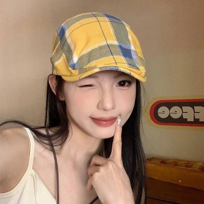 Yellow Plaid Dopamine Beret For Women