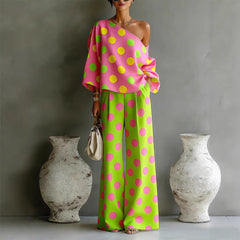 Womens Colorful Polka-Dot Off-Shoulder Flowy Two-Piece Pants Set