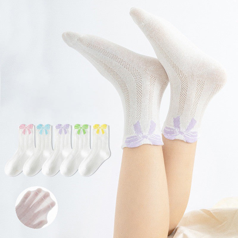 5 Pairs Of Summer Thin Bow Style Girls' Socks, Lightweight Mesh Socks