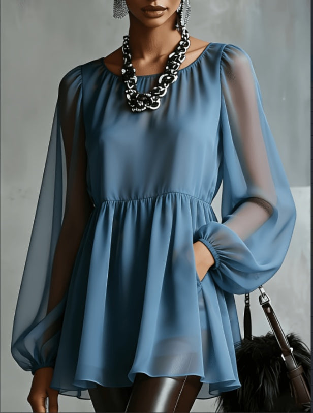 New Summer 2026 Haze Blue Round Neck Lantern Sleeve Waist Cinched Chiffon Shirt