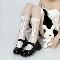 Lolita Over-the-knee Stockings, Sweet Bow With Cross Lace, White Silk Stockings For Girls, Thin Style For Summer