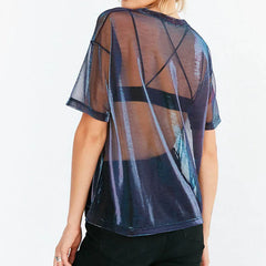 Sexy Mesh Blouse 2025 Summer See-Through Women Shirts Short Sleeve Perspective Shine Casual Women Tops Lady Vintage Blusas